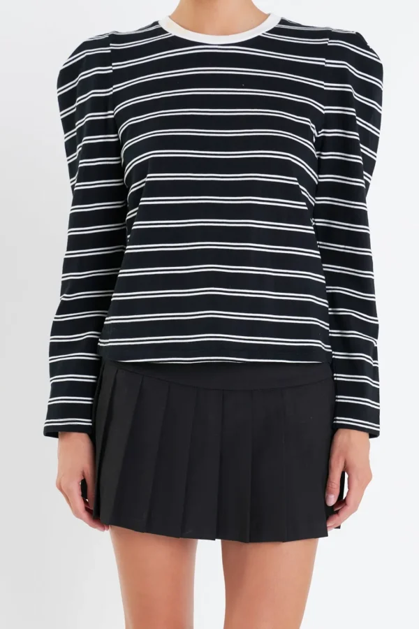 ENGLISH FACTORY Tops*- Striped Puff Sleeves Top BLACK/OFFWHITE