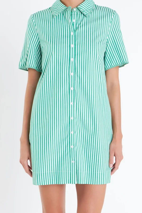 ENGLISH FACTORY Tops*- Striped Binded Wide Sleeve Mini Dress KELLYGREEN