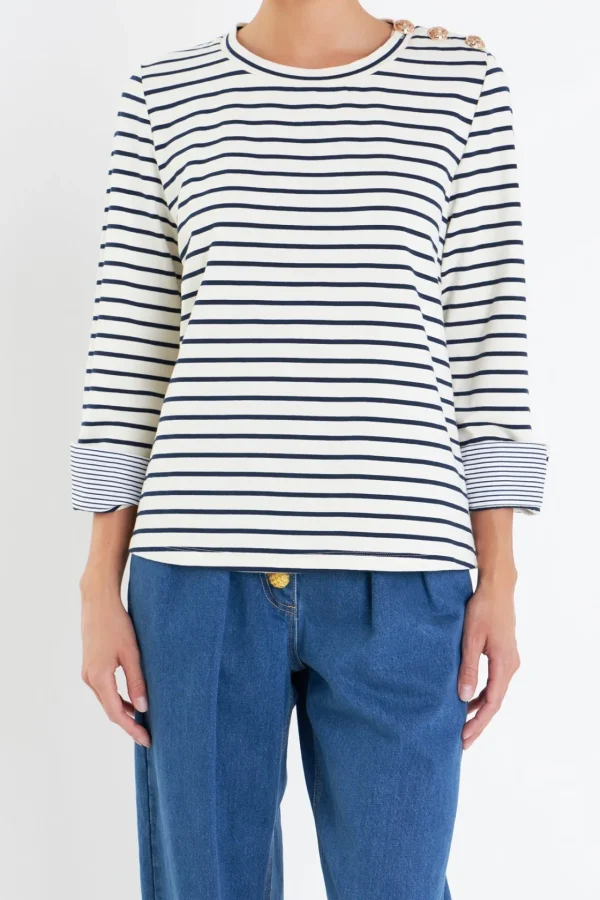 ENGLISH FACTORY Tops*- Striped Breton Tee with Fold Over Combo Cuff OFFWHITE/NAVY