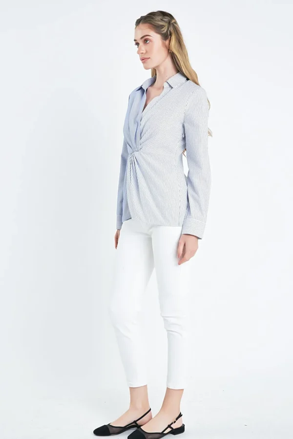 ENGLISH FACTORY Tops*- Striped Combo Twist Front Shirt WHITE/BLUE