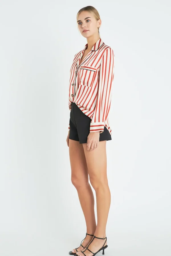 ENGLISH FACTORY Shirts & Blouses*- Striped Satin Shirt with Piping CREAM/BURNTORANGE
