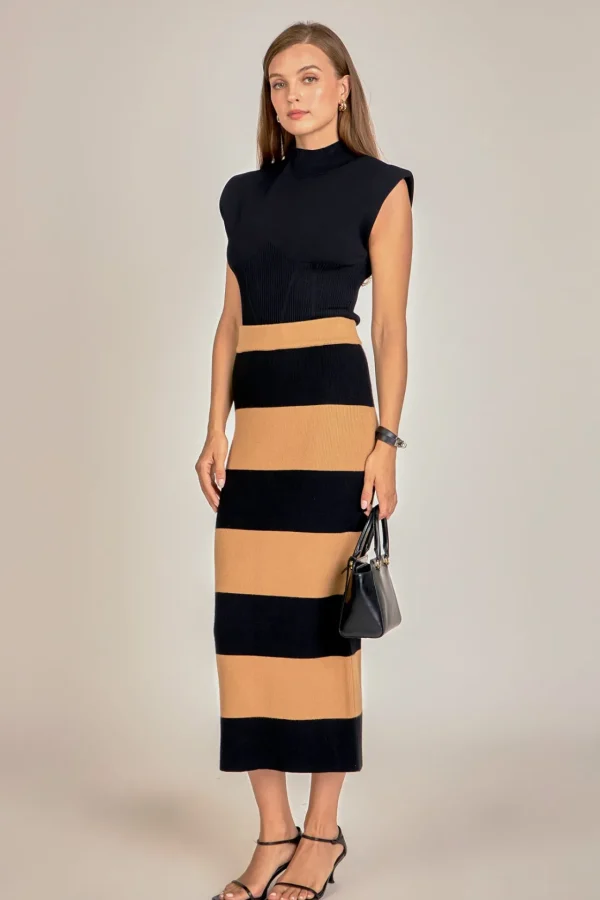 ENGLISH FACTORY Matching Sets | Skirts*- Striped Knit Midi Skirt CAMEL/BLACK