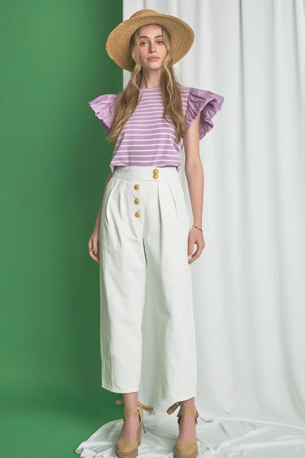 ENGLISH FACTORY Tops*- Striped Knit with Poplin Puff Sleeve Top