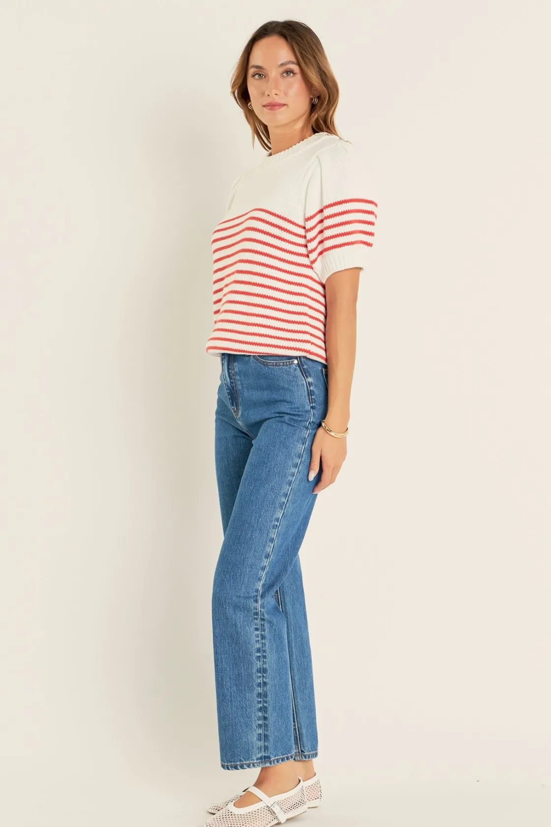 english_factory__striped__1-32.webp ENGLISH FACTORY Sweaters & Knits | Tops*- Striped Short Puff Sleeve Sweater with Buttons