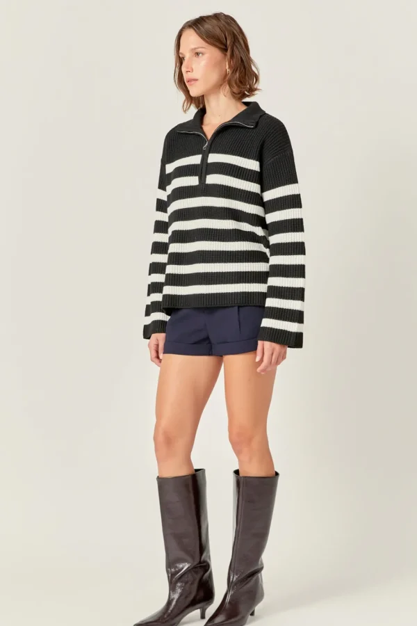ENGLISH FACTORY Sweaters & Knits | Tops*- Striped Half-Zip Knitted Sweater BLACK/WHITE