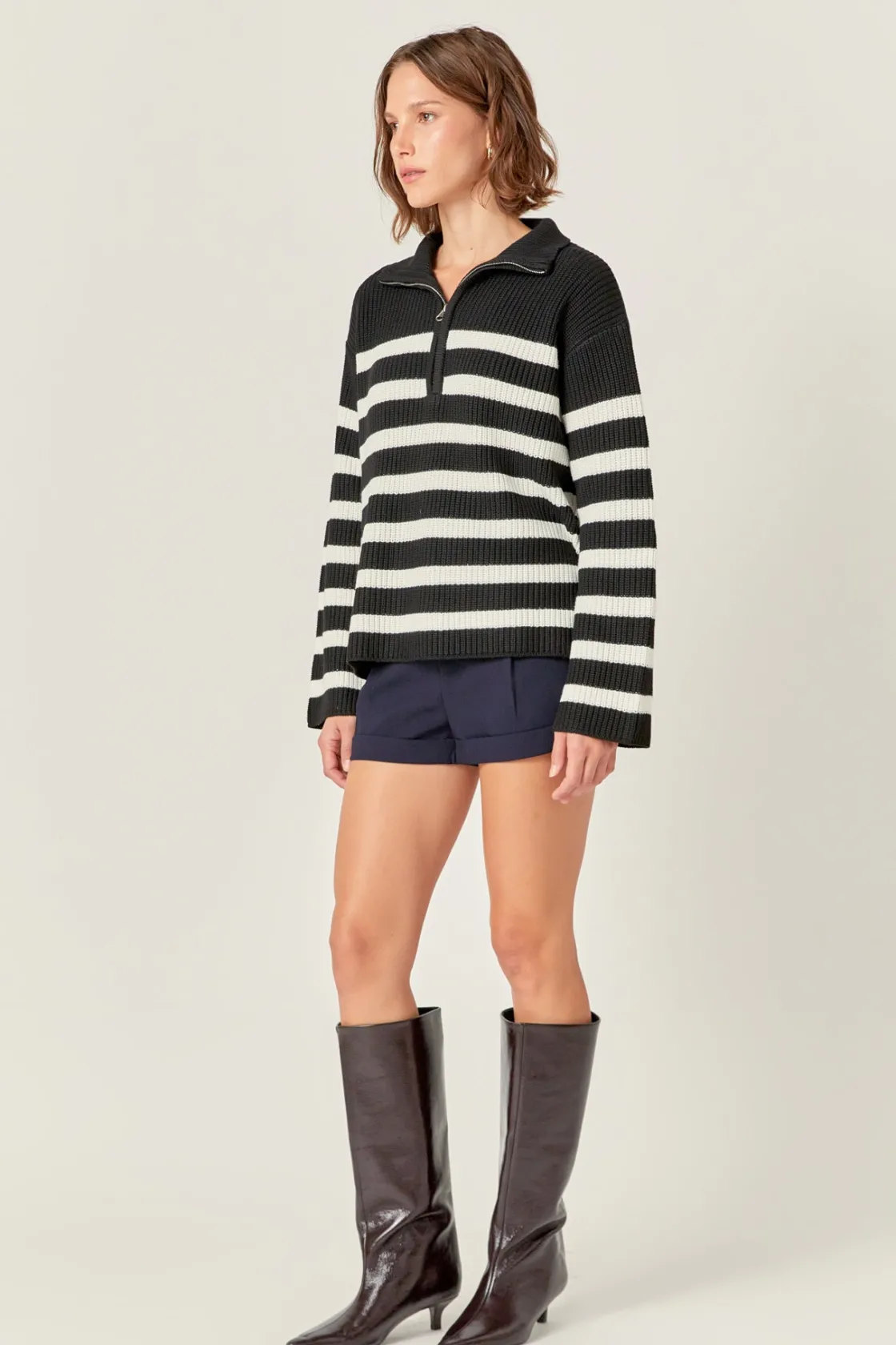 english_factory__striped__1-35.webp ENGLISH FACTORY Sweaters & Knits | Tops*- Striped Half-Zip Knitted Sweater BLACK/WHITE