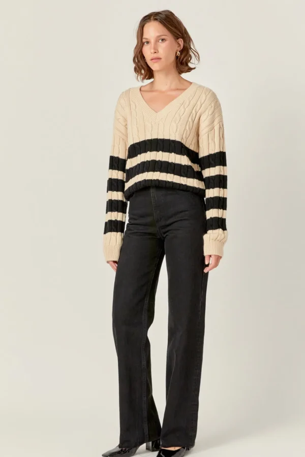 ENGLISH FACTORY Sweaters & Knits | Tops*- Striped Cable Knit Sweater BEIGE/BLACK