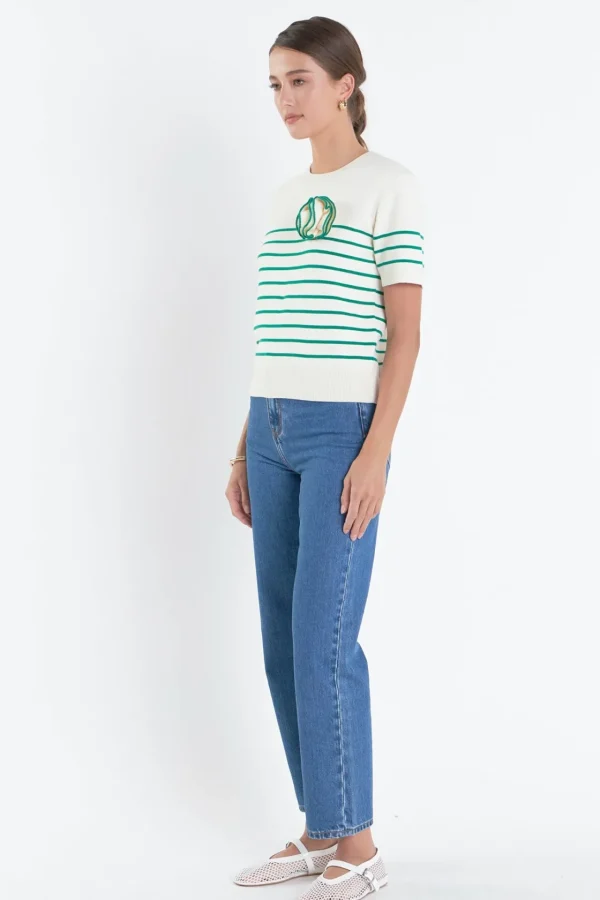 ENGLISH FACTORY Sweaters & Knits | Tops*- Striped Knit Sweater with Flower Applique IVORY/GREEN
