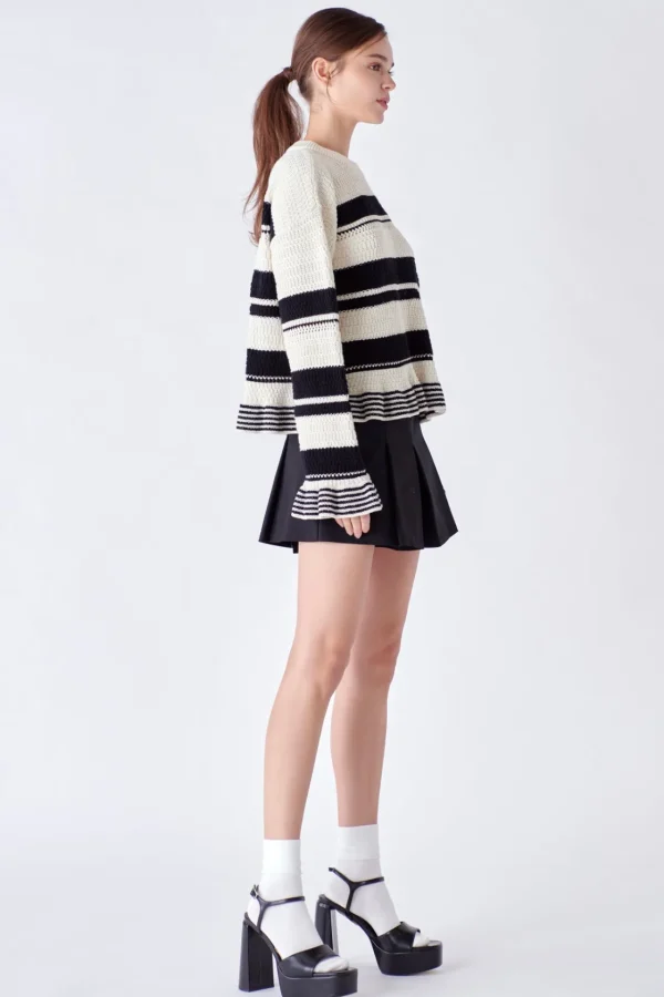ENGLISH FACTORY Sweaters & Knits | Tops*- Striped Knit Sweater With Ruffles IVORY/BLACK