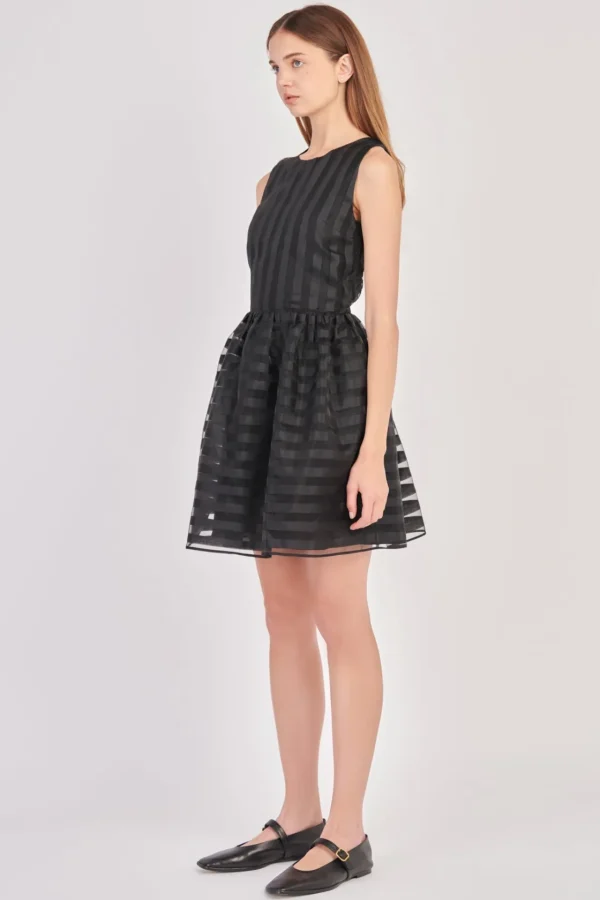 ENGLISH FACTORY Organza | Tops*- Striped Organza Sleeveless Mini Dress BLACK