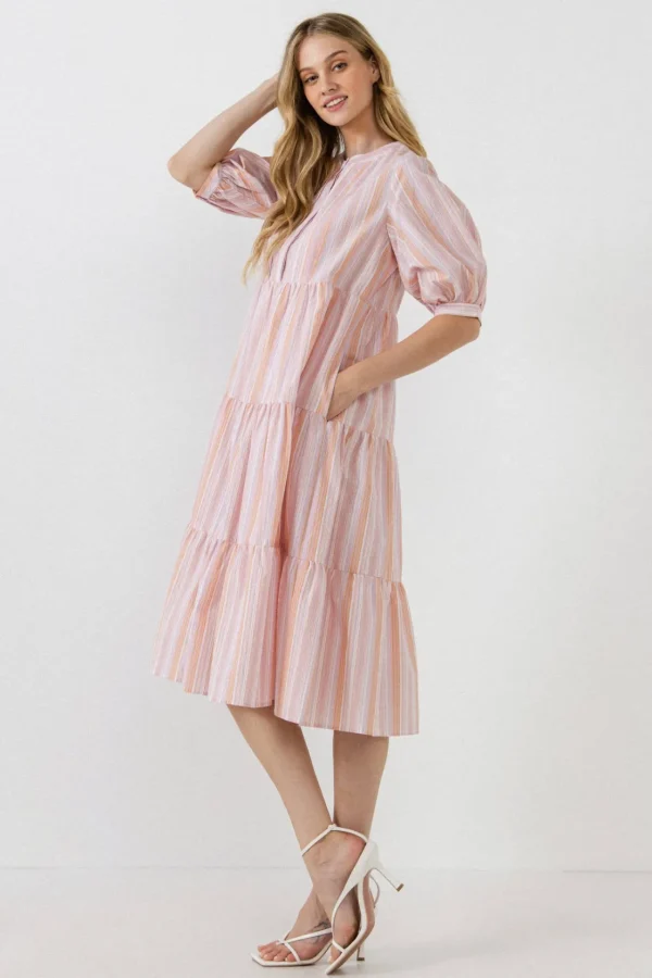 ENGLISH FACTORY Boho Dresses | Tops*- Striped Midi Dress in Orange ORANGEMULTI
