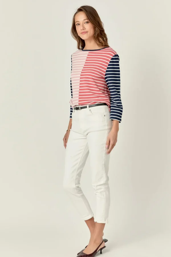 ENGLISH FACTORY Tops*- Striped Color Blocked 3/4 Length Sleeve Tee MULTI