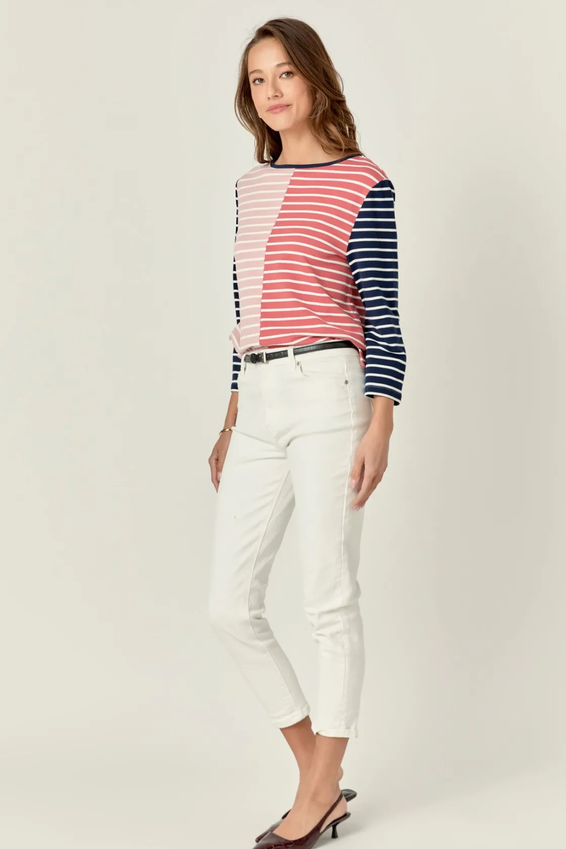 english_factory__striped__1-8.webp ENGLISH FACTORY Tops*- Striped Color Blocked 3/4 Length Sleeve Tee MULTI