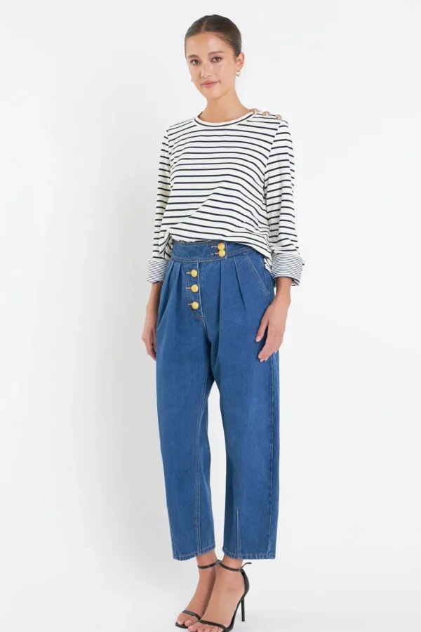 ENGLISH FACTORY Tops*- Striped Breton Tee with Fold Over Combo Cuff OFFWHITE/NAVY