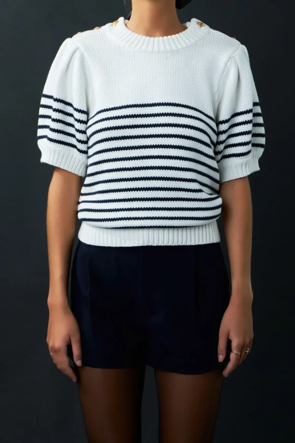 ENGLISH FACTORY Sweaters & Knits | Tops*- Striped Short Puff Sleeve Sweater with Buttons