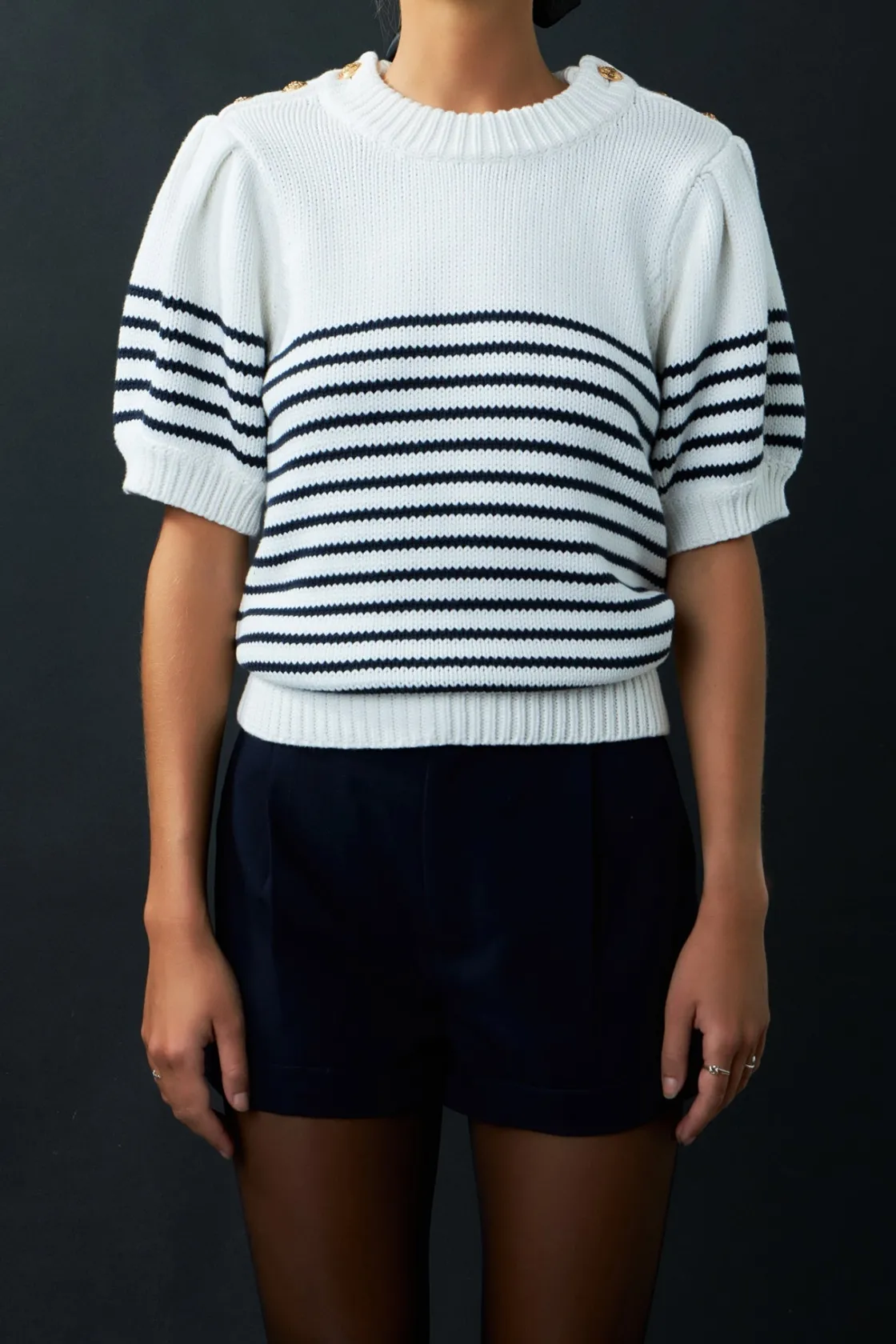 english_factory__striped__10-2.webp ENGLISH FACTORY Sweaters & Knits | Tops*- Striped Short Puff Sleeve Sweater with Buttons