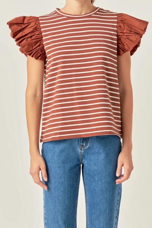 ENGLISH FACTORY Tops*- Striped Knit with Poplin Puff Sleeve Top