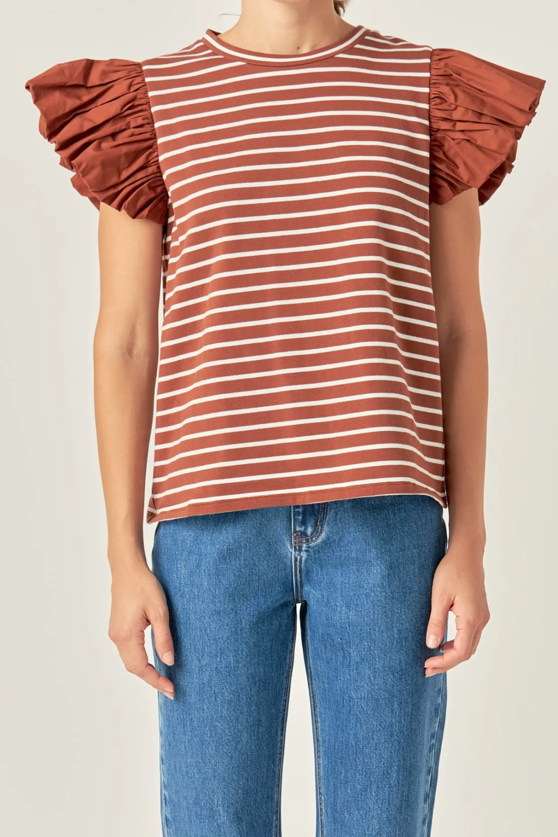 english_factory__striped__10.webp ENGLISH FACTORY Tops*- Striped Knit with Poplin Puff Sleeve Top