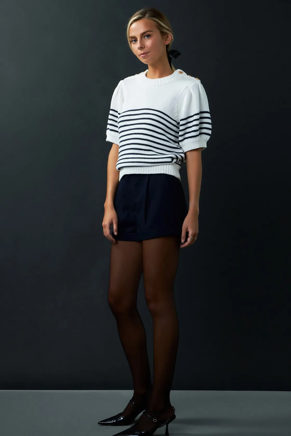 english_factory__striped__11-2.webp ENGLISH FACTORY Sweaters & Knits | Tops*- Striped Short Puff Sleeve Sweater with Buttons