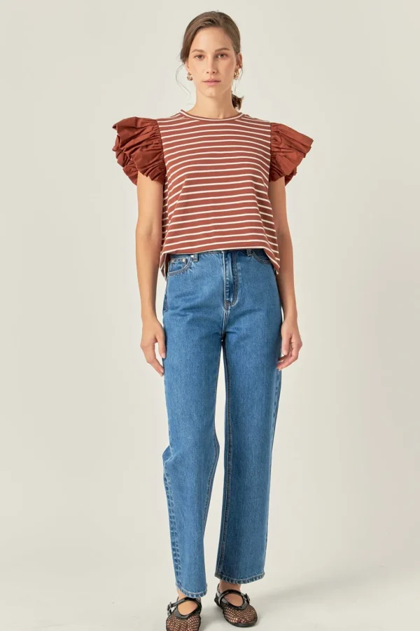 ENGLISH FACTORY Tops*- Striped Knit with Poplin Puff Sleeve Top