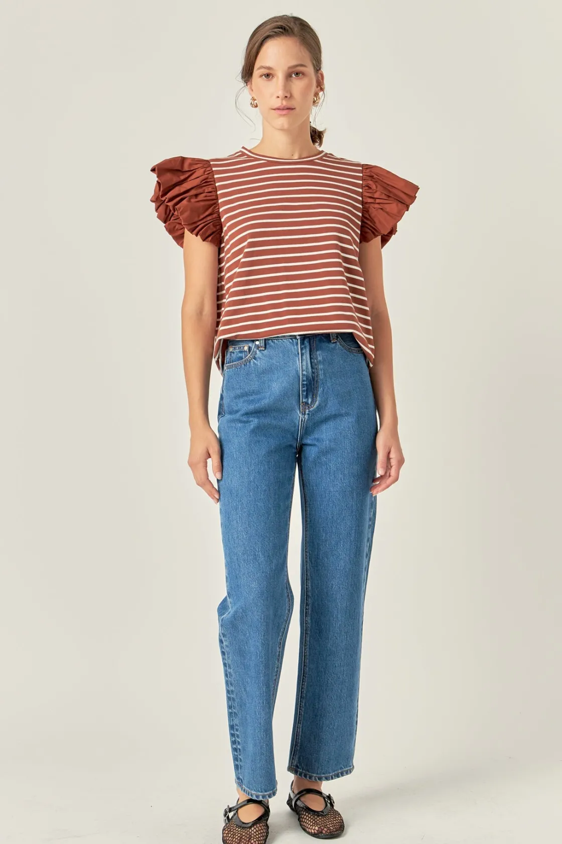 english_factory__striped__11.webp ENGLISH FACTORY Tops*- Striped Knit with Poplin Puff Sleeve Top