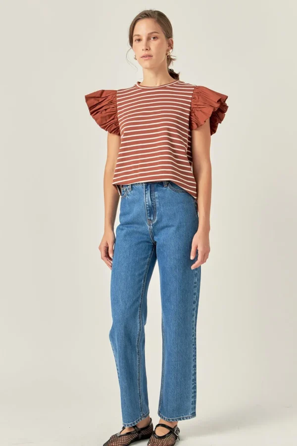 ENGLISH FACTORY Tops*- Striped Knit with Poplin Puff Sleeve Top