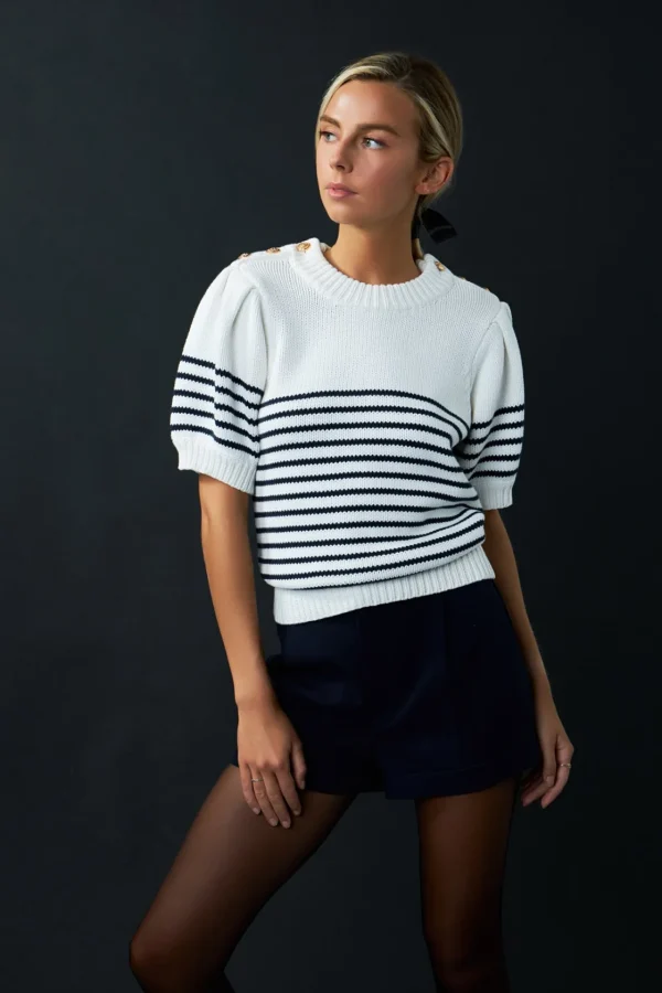 ENGLISH FACTORY Sweaters & Knits | Tops*- Striped Short Puff Sleeve Sweater with Buttons