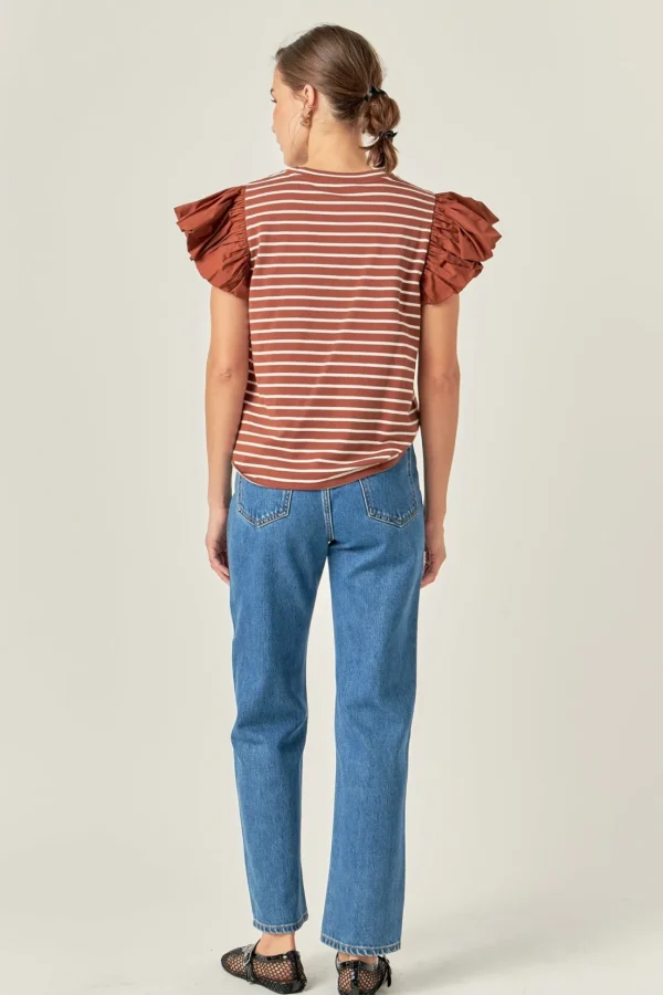 ENGLISH FACTORY Tops*- Striped Knit with Poplin Puff Sleeve Top