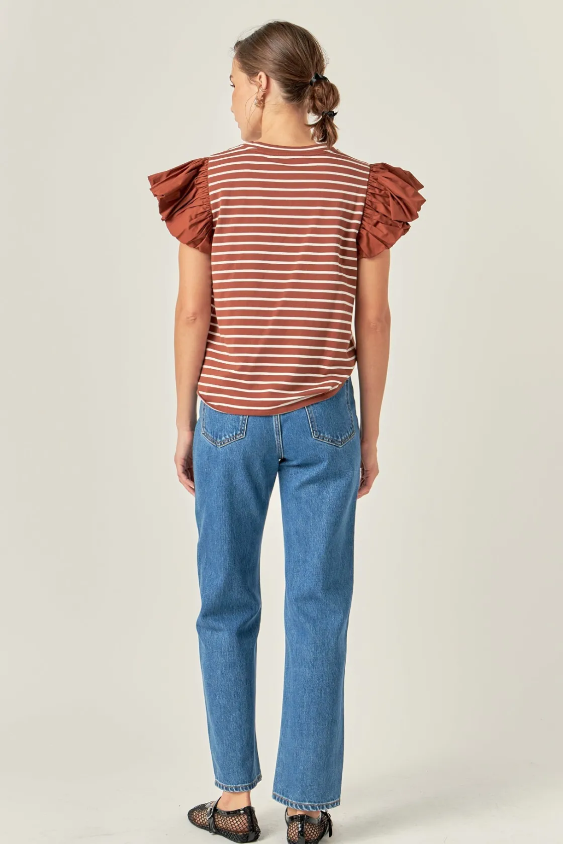 english_factory__striped__13.webp ENGLISH FACTORY Tops*- Striped Knit with Poplin Puff Sleeve Top