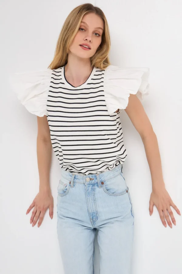 ENGLISH FACTORY Tops*- Striped Knit with Poplin Puff Sleeve Top