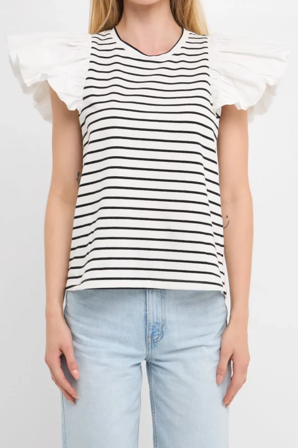 ENGLISH FACTORY Tops*- Striped Knit with Poplin Puff Sleeve Top