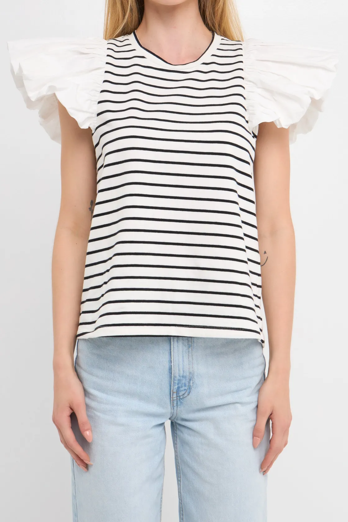 english_factory__striped__15.webp ENGLISH FACTORY Tops*- Striped Knit with Poplin Puff Sleeve Top