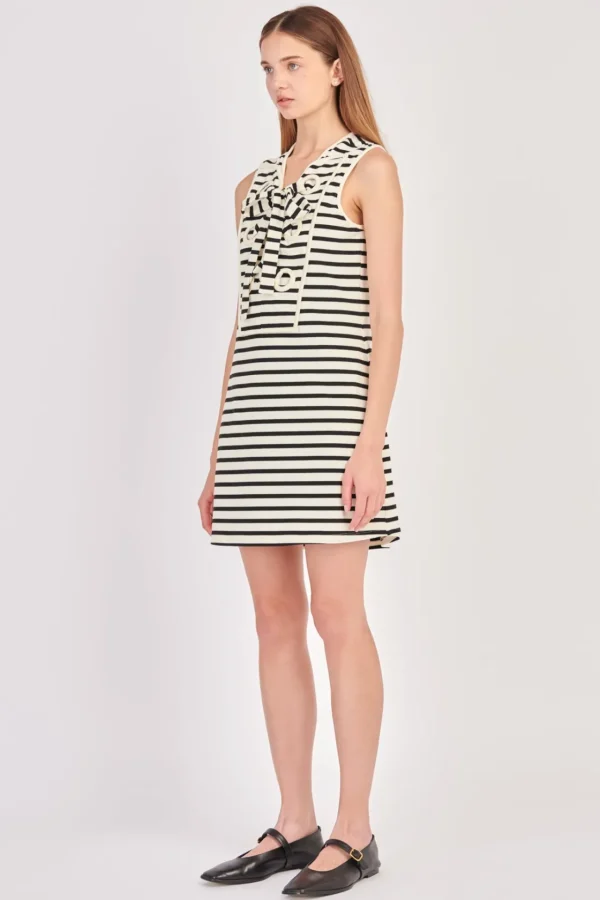 ENGLISH FACTORY Lace Dresses | White Dresses*- Striped Knit Lace Up Dress