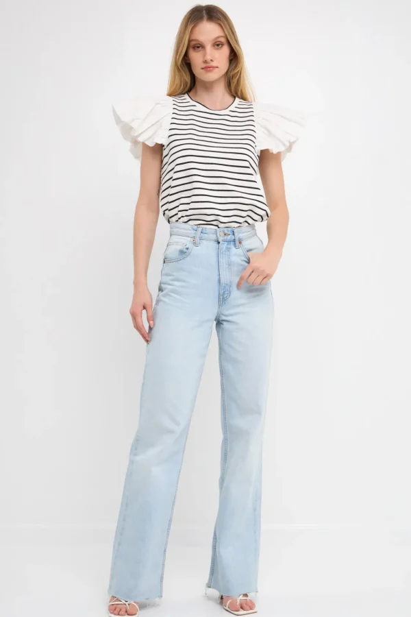 ENGLISH FACTORY Tops*- Striped Knit with Poplin Puff Sleeve Top