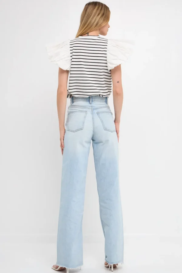 ENGLISH FACTORY Tops*- Striped Knit with Poplin Puff Sleeve Top