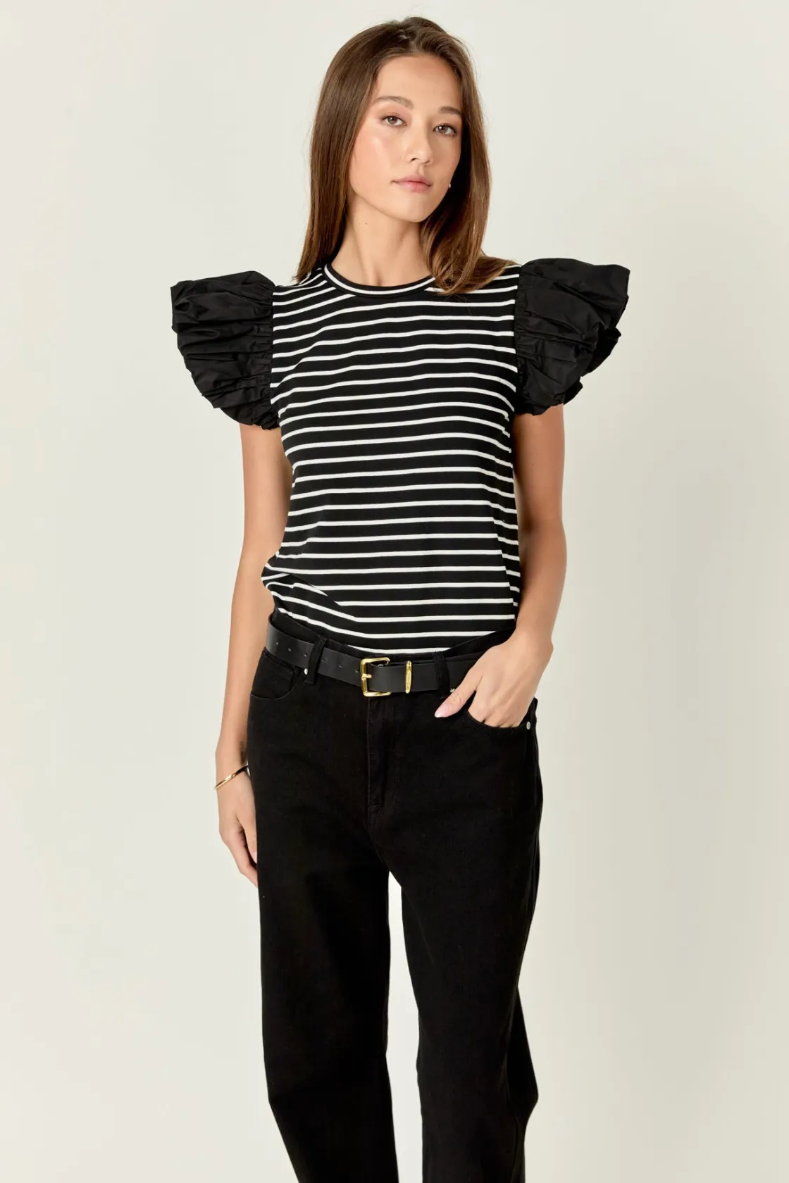 english_factory__striped__19.webp ENGLISH FACTORY Tops*- Striped Knit with Poplin Puff Sleeve Top
