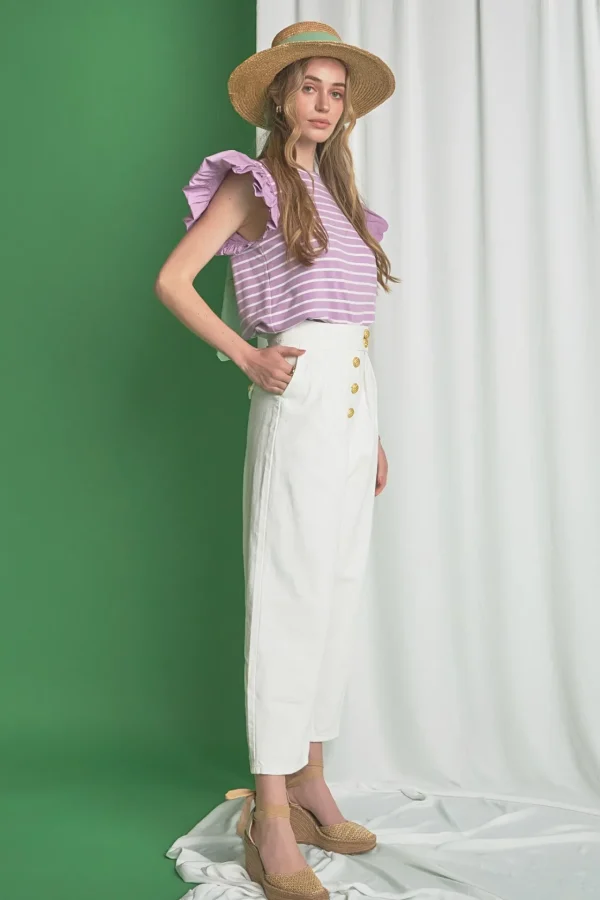 ENGLISH FACTORY Tops*- Striped Knit with Poplin Puff Sleeve Top