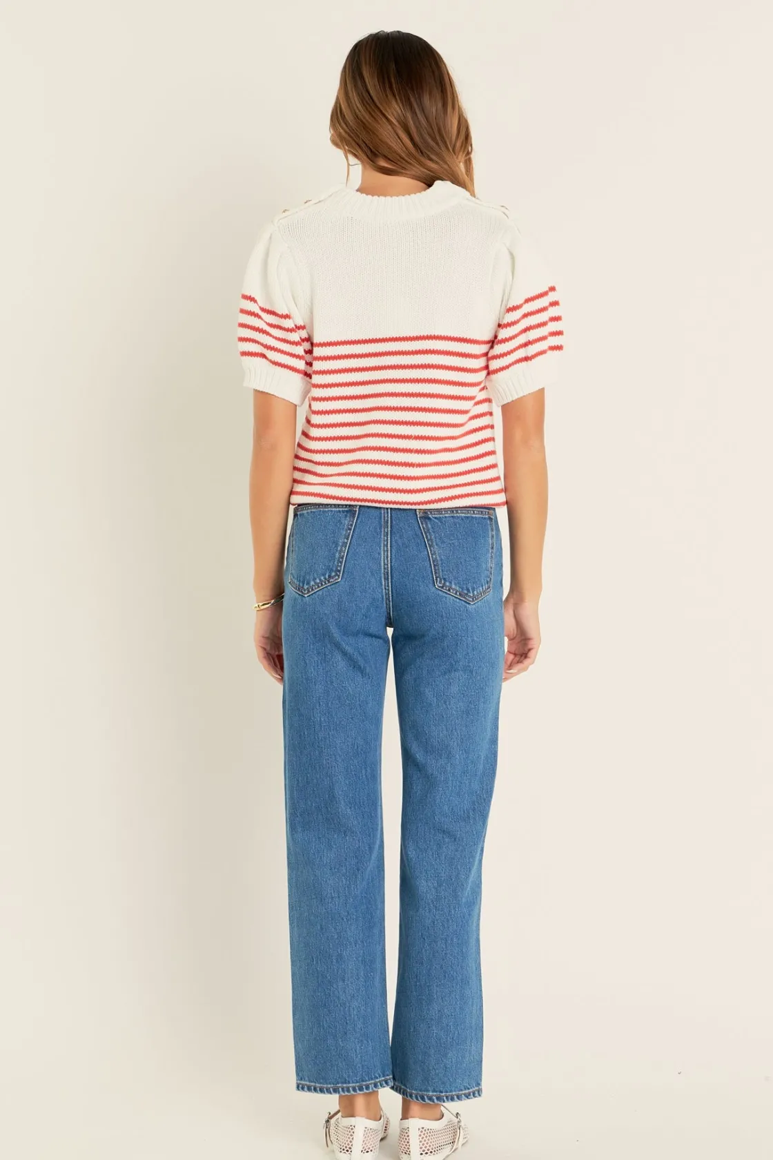 english_factory__striped__2-32.webp ENGLISH FACTORY Sweaters & Knits | Tops*- Striped Short Puff Sleeve Sweater with Buttons