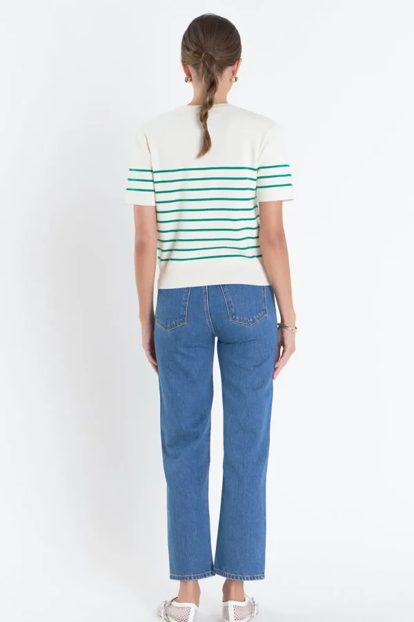 ENGLISH FACTORY Sweaters & Knits | Tops*- Striped Knit Sweater with Flower Applique IVORY/GREEN