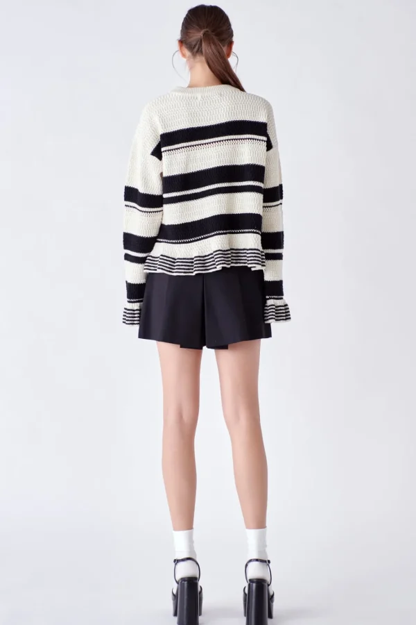 ENGLISH FACTORY Sweaters & Knits | Tops*- Striped Knit Sweater With Ruffles IVORY/BLACK