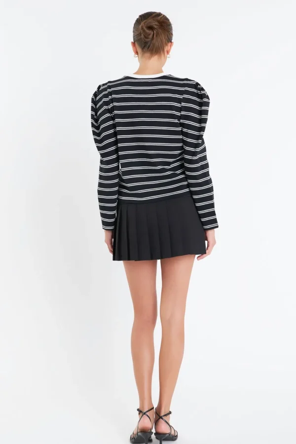 ENGLISH FACTORY Tops*- Striped Puff Sleeves Top BLACK/OFFWHITE