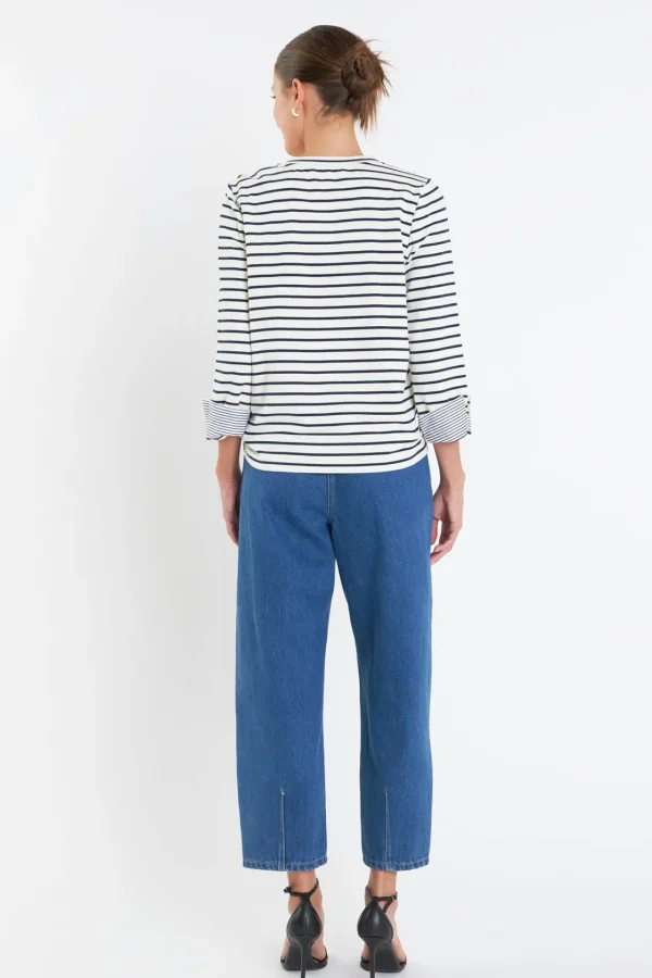 ENGLISH FACTORY Tops*- Striped Breton Tee with Fold Over Combo Cuff OFFWHITE/NAVY