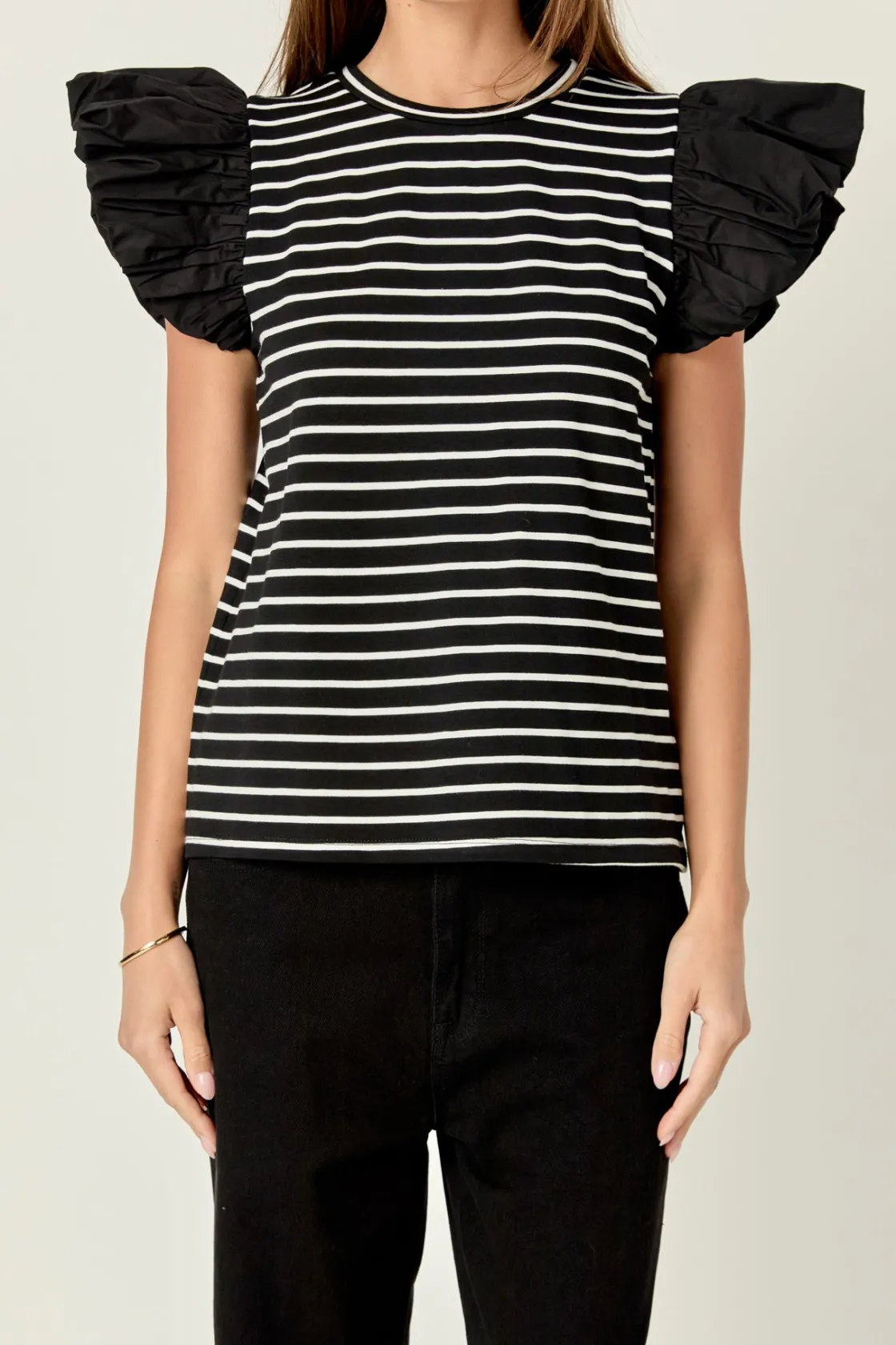 english_factory__striped__20.webp ENGLISH FACTORY Tops*- Striped Knit with Poplin Puff Sleeve Top