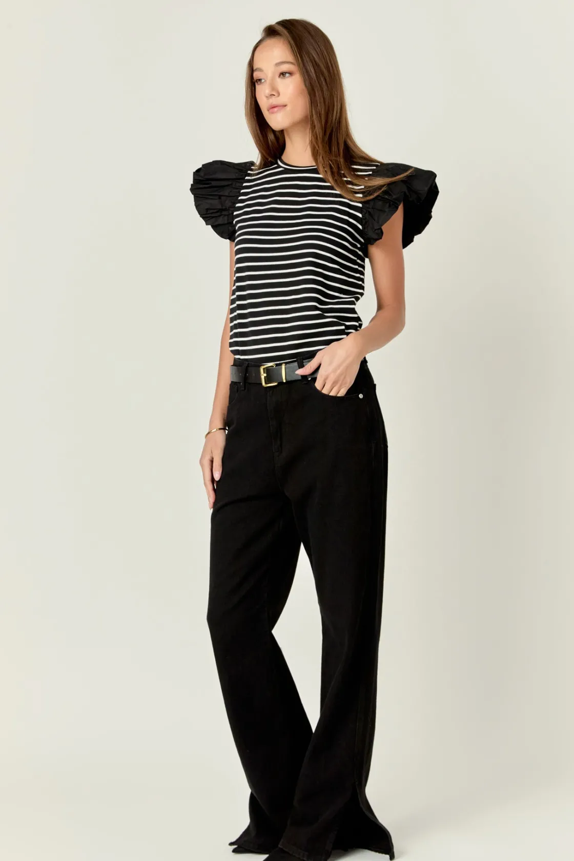 english_factory__striped__21.webp ENGLISH FACTORY Tops*- Striped Knit with Poplin Puff Sleeve Top