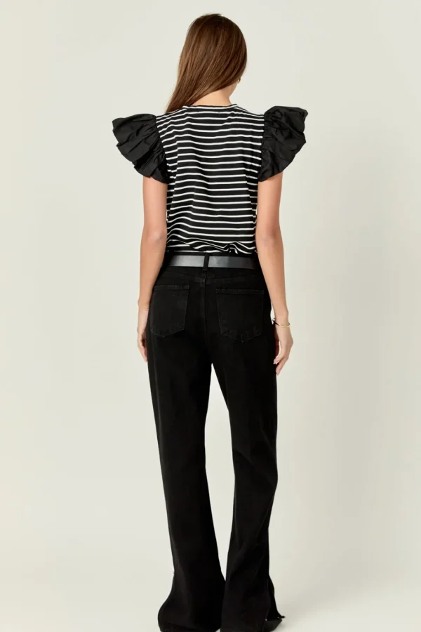 ENGLISH FACTORY Tops*- Striped Knit with Poplin Puff Sleeve Top