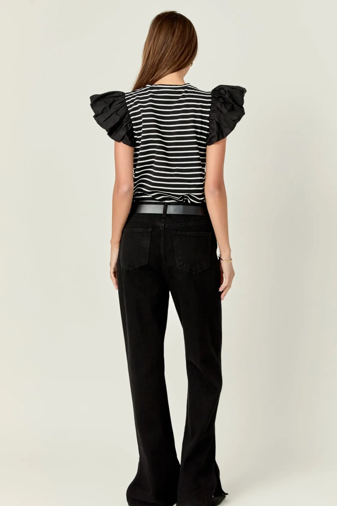 english_factory__striped__22.webp ENGLISH FACTORY Tops*- Striped Knit with Poplin Puff Sleeve Top
