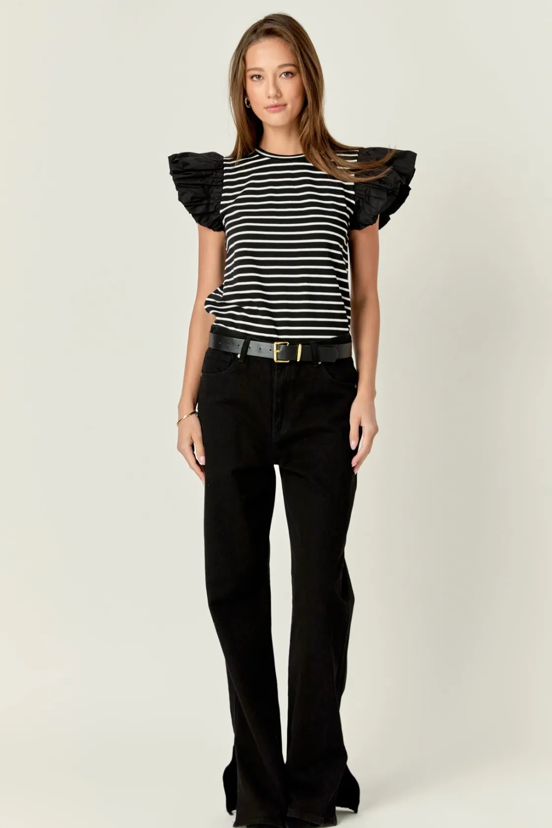 english_factory__striped__23.webp ENGLISH FACTORY Tops*- Striped Knit with Poplin Puff Sleeve Top