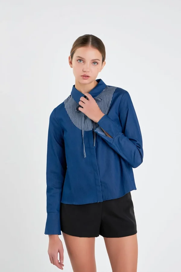 ENGLISH FACTORY Shirts & Blouses | Tops*- Striped Bib Shirts CHAMBRAY