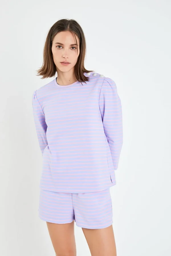 ENGLISH FACTORY Matching Sets | Tops*- Striped Puff Sleeve Breton Tee LAVENDER/PINK