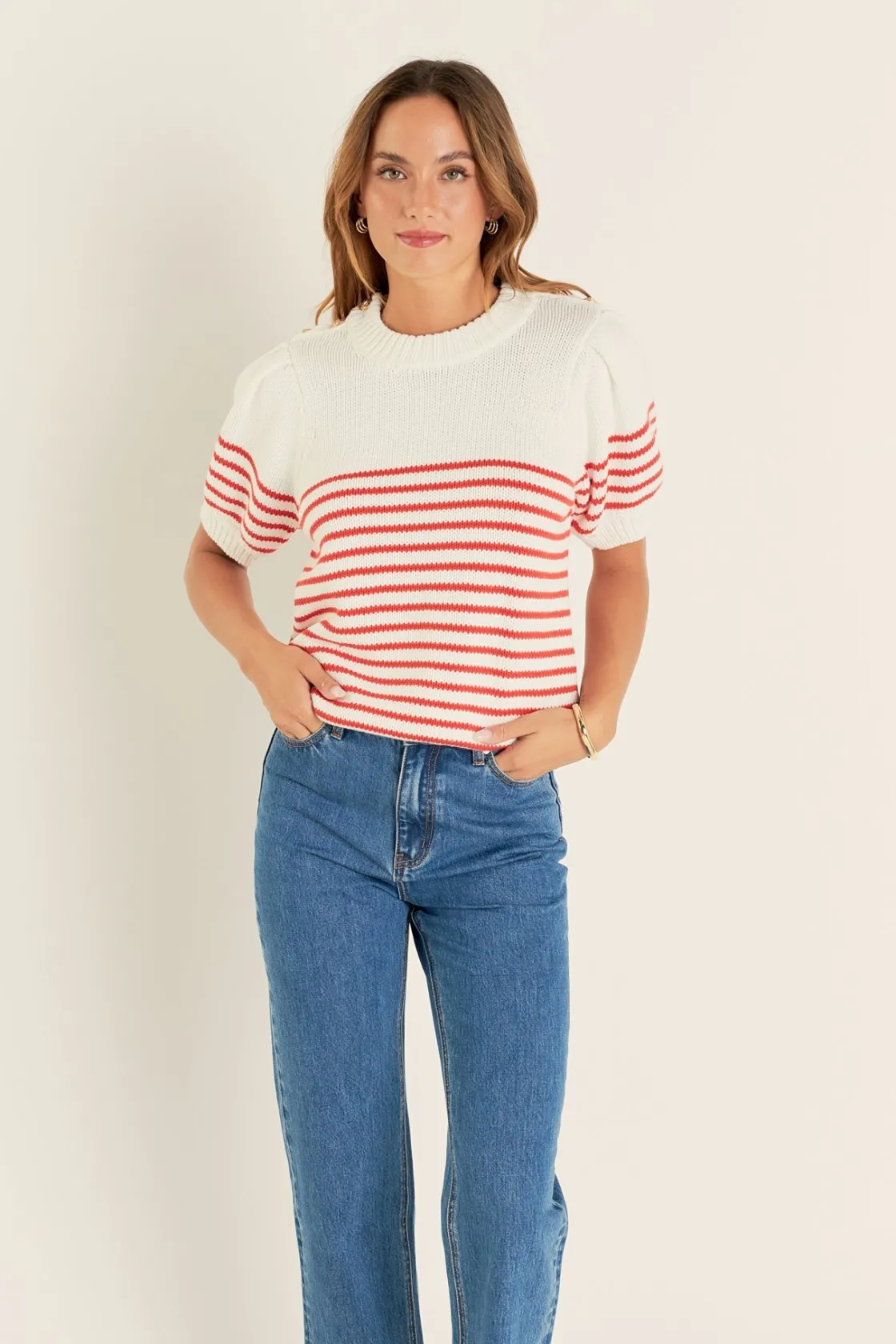 english_factory__striped__3-32.webp ENGLISH FACTORY Sweaters & Knits | Tops*- Striped Short Puff Sleeve Sweater with Buttons
